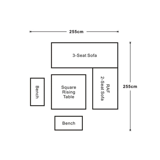 grey corner sofa set with square glass topped rising table and 2 benches dimensions