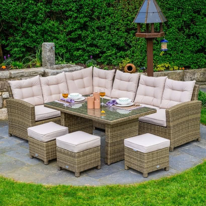 natural corner set with glass topped rectangular table and 3 stools