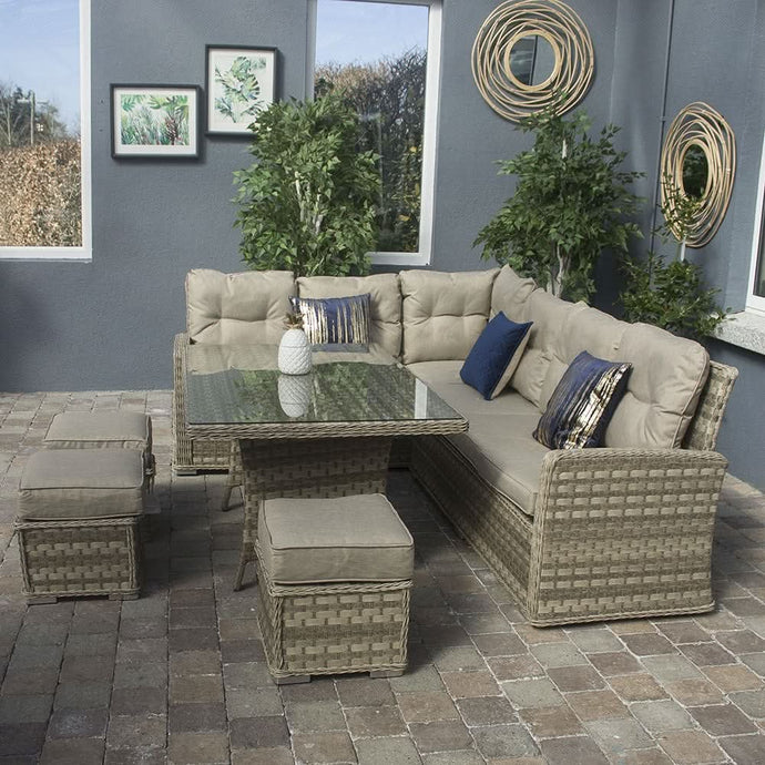 casual sofa dining set in a natural colour with a glass topped rectangular table and 3 stools