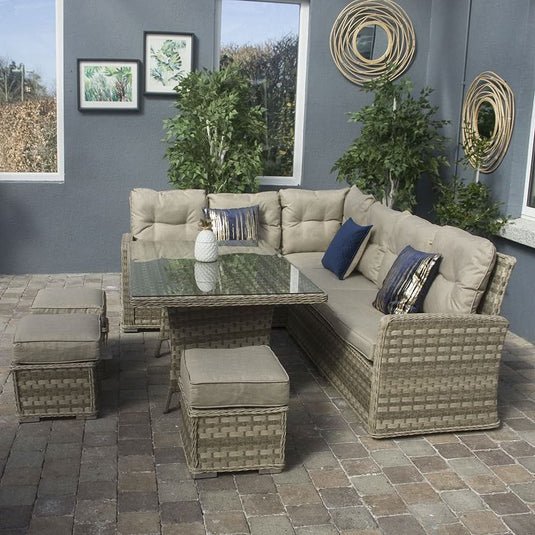 casual sofa dining set in a natural colour with a glass topped rectangular table and 3 stools