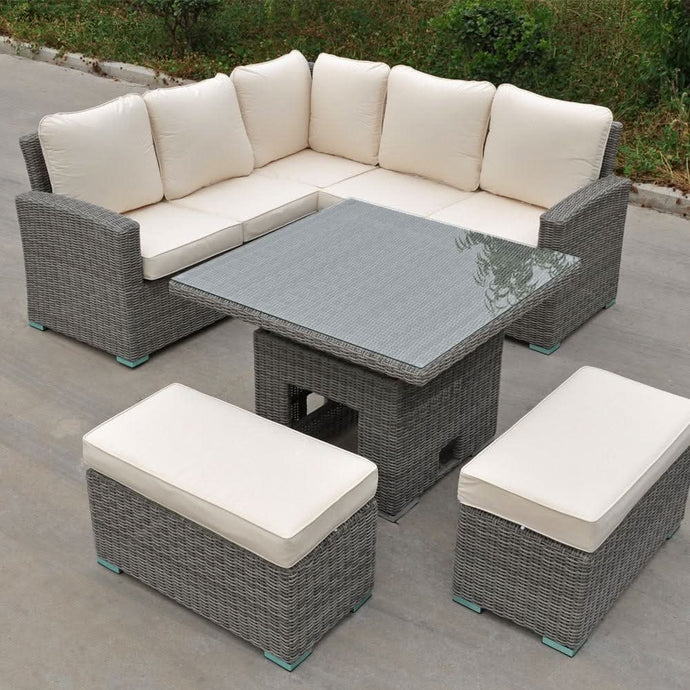 grey corner sofa set with cream cushions & glass topped square table and 2 stools
