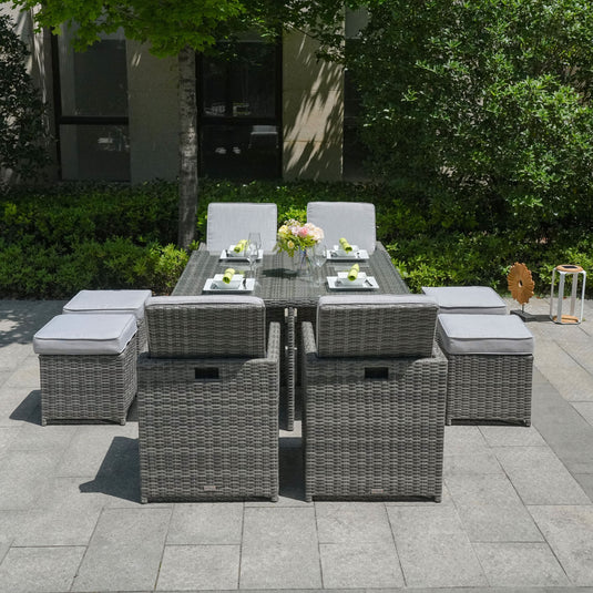 4 seater grey cube set with glass topped square table and 4 stools