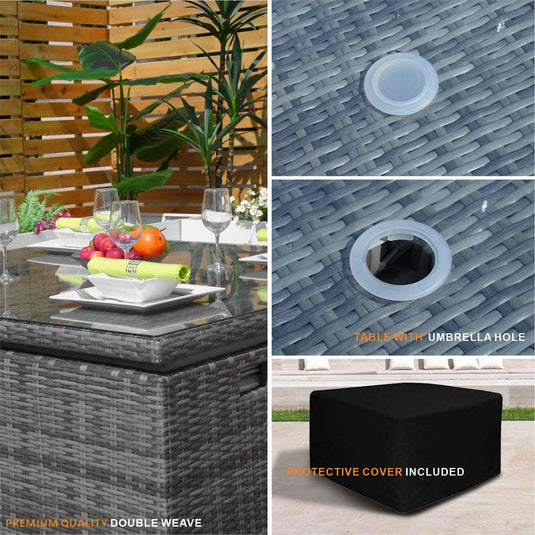 features of the 4 seater grey cube set with glass topped square table and 4 stools