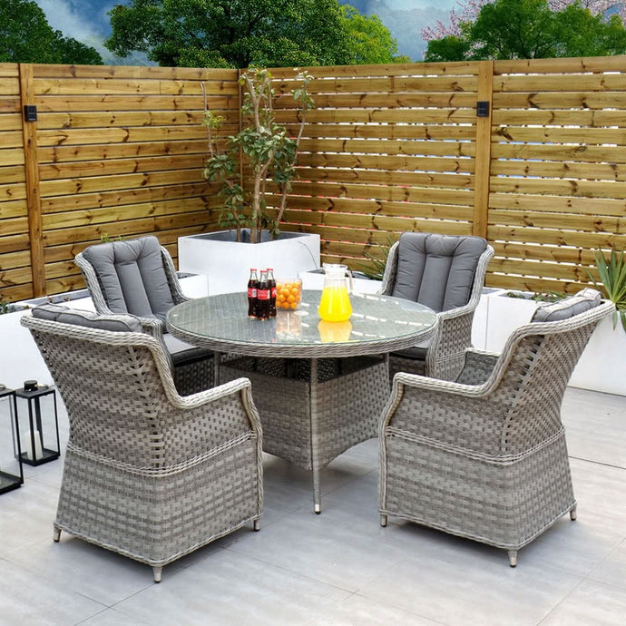 4 seater grey garden furniture set with 120cm round table (glass topped)