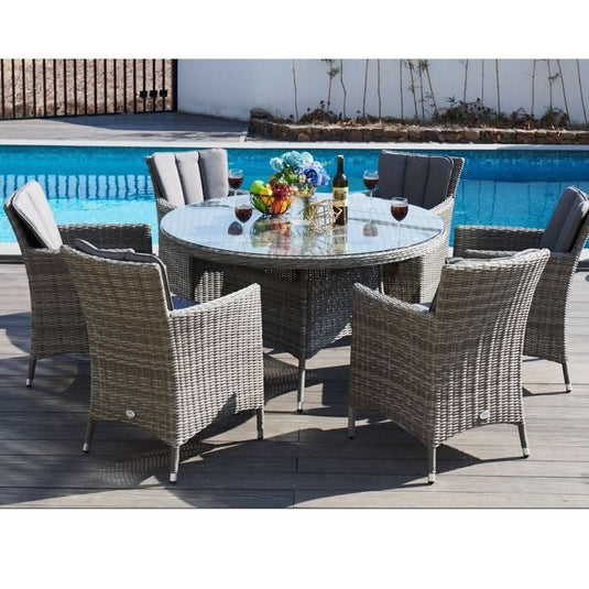 grey 6 seater set with 135cm glass topped round table