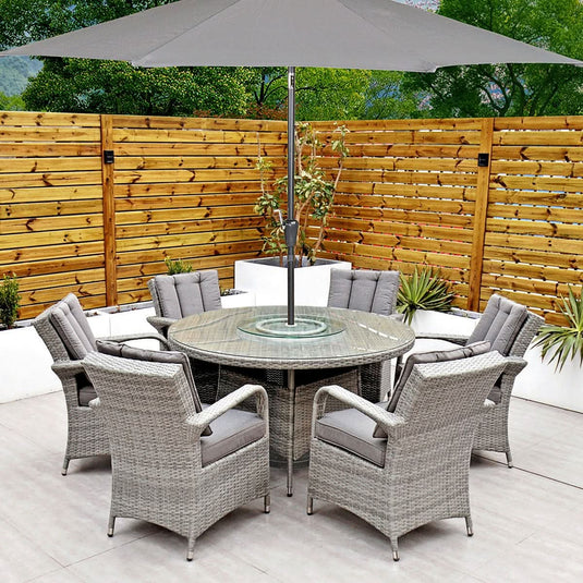 6 seater light grey set with 135cm glass topped round table