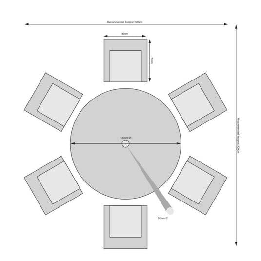 6 seater set with 135cm glass topped round table in a natural colour dimensions