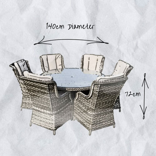 6 seater set with 135cm glass topped round table in a natural colour dimensions