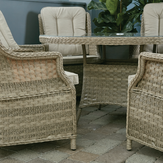 6 seater set with 135cm glass topped round table in a natural colour