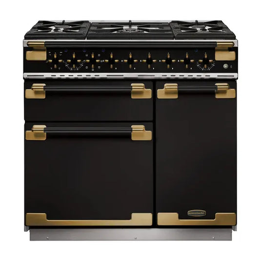 Rangemaster Elise 90 Dual Fuel Black with Black / Antique Brass Trim | ELS90DFFGB/BE