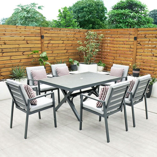 6 seater dark grey garden furniture set with 150cm rectangular table