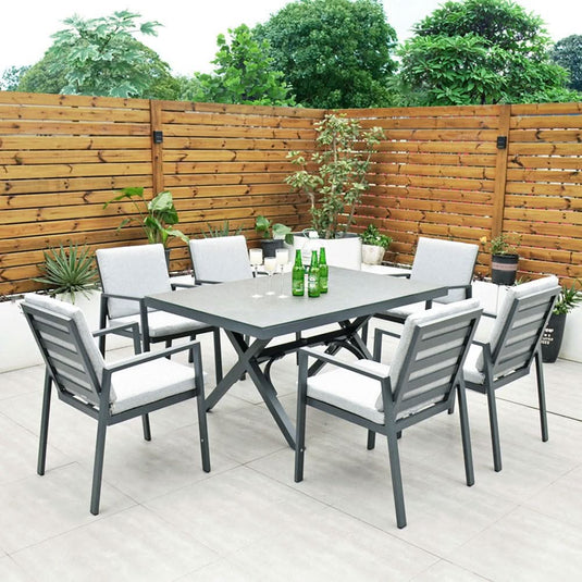 6 seater dark grey garden furniture set with 150cm rectangular table