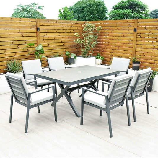 6 seater dark grey garden furniture set with 150cm rectangular table
