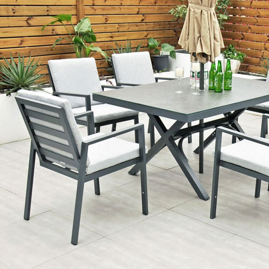 6 seater dark grey garden furniture set with 150cm rectangular table