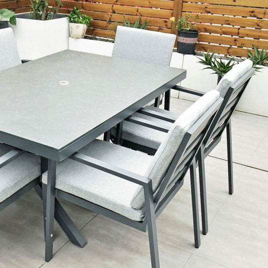 6 seater dark grey garden furniture set with 150cm rectangular table