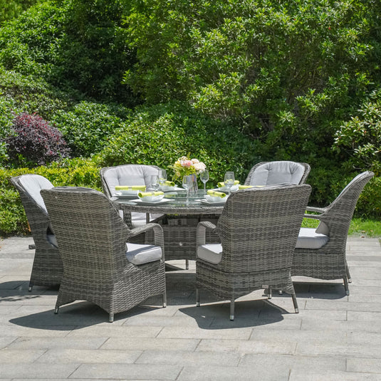 grey 6 seater garden furniture set with 135cm round table with glass top