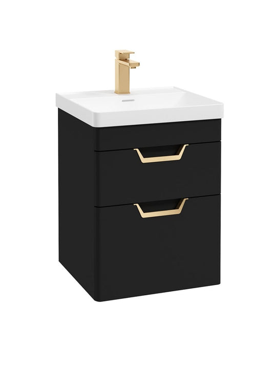 Sonas Freya Wall Hung 50Cm Two Drawer Vanity Unit | Matt Black | Gold Handle | UF1132