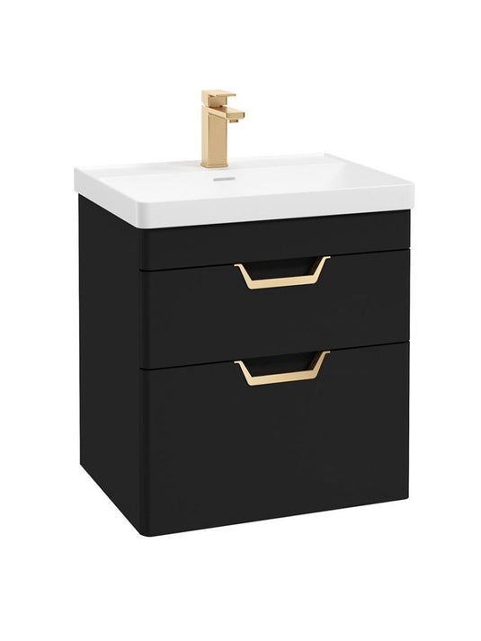 Sonas Freya Wall Hung 60Cm Two Drawer Vanity Unit | Matt Black | Gold Handle | UF1138