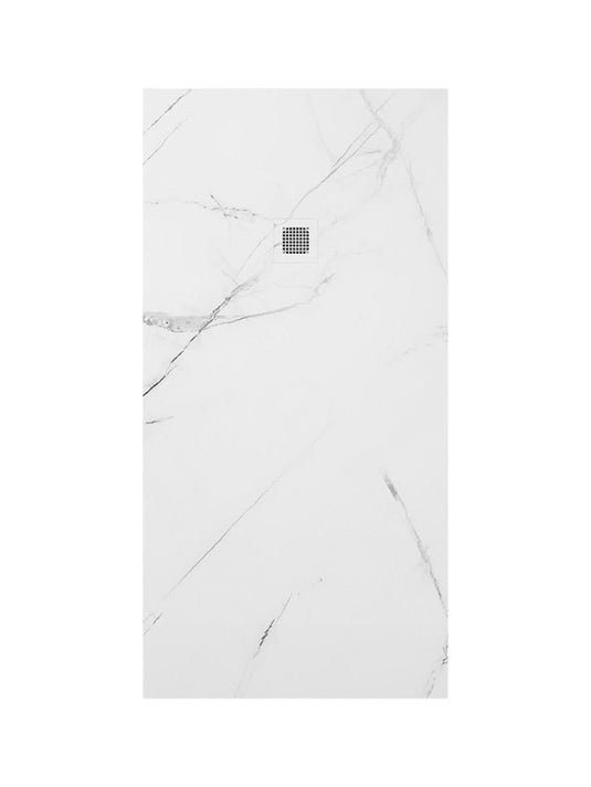 white marble shower tray and waste